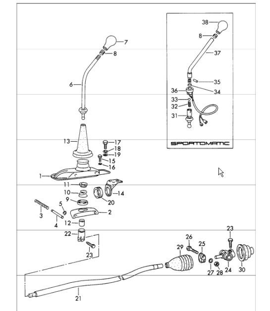Diagram 701-00 Porsche 996 (911) (1997-2005) Hand Lever System, Pedal Cluster 