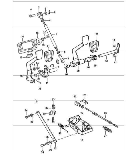 Diagram 702-05 Porsche 911 & 912 (1965-1989) Sistema de palanca manual, conjunto de pedales 