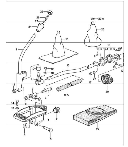 Diagram 701-01 Porsche 914 (1970-1976) Système de levier manuel, groupe de pédales 