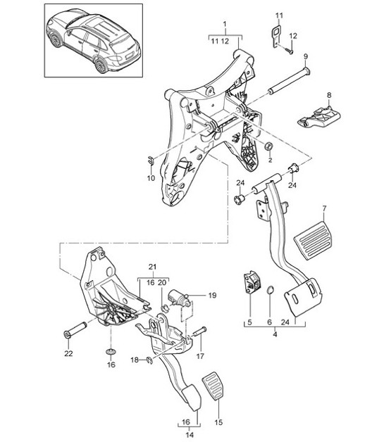 Diagram 702-005 Porsche Macan (95B) MK1 (2014-2018) Handhebelsystem, Pedalgruppe 
