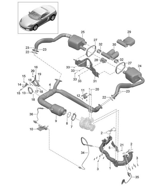 Diagram 202-000 Porsche Cayman 718 2.0L PDK (300 Bhp) Kraftstoffsystem, Abgassystem