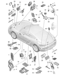 Besturingseenheden / Elektronica / Voorzijde / Achterzijde / Handzender / Contact-/startschakelaar / Antenne / Garagedeuropener / Sensor / Interieurbewaking 718C (982C) Cayman 2017>>