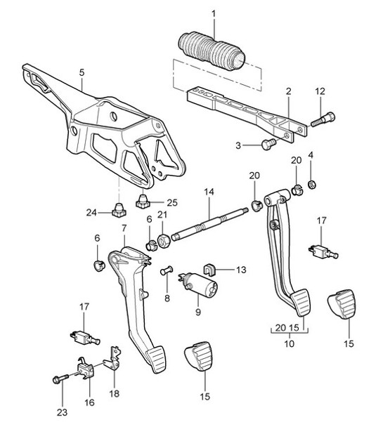 Diagram 702-000 Porsche Boxster T 718 2.0L Manual (300 Bhp) Hand Lever System, Pedal Cluster 