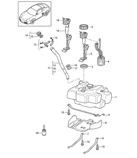 Diagram 201-000 Porsche 970.1 Panamera Turbo V8 4.8L 2009-13 Kraftstoffsystem, Abgassystem