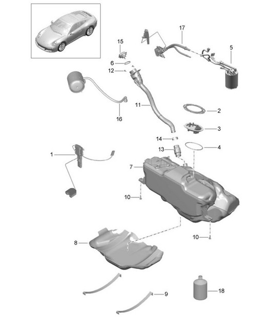 Diagram 201-000 Porsche 997 MKII Carrera C4S 3.8L 2009-12 燃油系统、排气系统