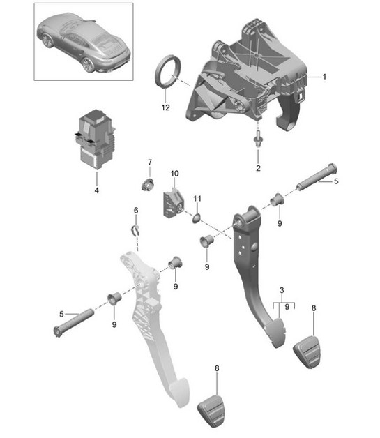 Diagram 702-000 Porsche 991 (911) MK1 2012-2016 Sistema de palanca manual, conjunto de pedales 