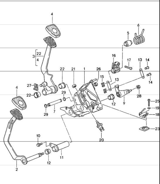 Diagram 702-00 Porsche 996 C4 3.6L 09/01-2005 Hand Lever System, Pedal Cluster 