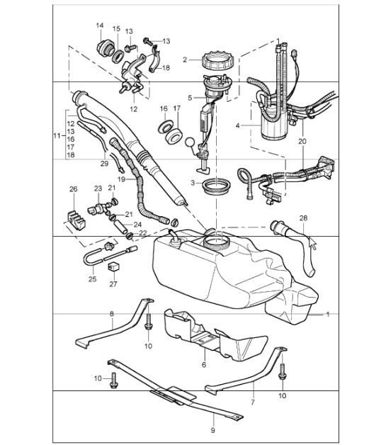 Diagram 201-01 Porsche Boxster 986 2.7L 2003-04 Sistema de combustible, sistema de escape