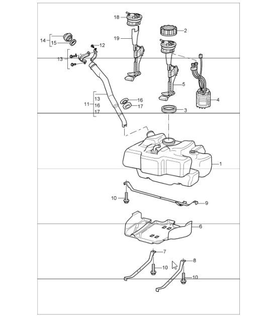 Diagram 201-00 Porsche Macan (95B) MK1 (2014-2018) Kraftstoffsystem, Abgassystem
