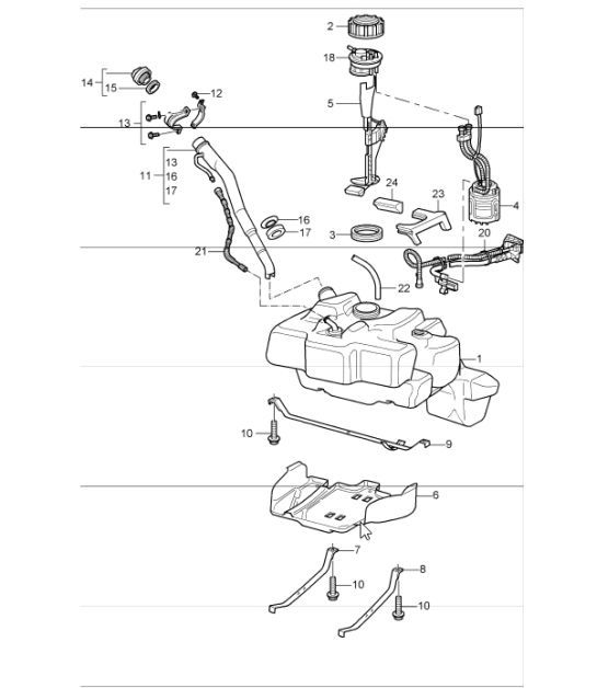 Diagram 201-01 Porsche Macan (95B) MK1 (2014-2018) Fuel System, Exhaust System