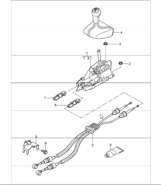 Diagram 701-00 Porsche 997 MK1 GT2 2007-09 Handhebelsystem, Pedalgruppe 