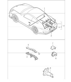 wiring harnesses: rear end, lid, rear, license plate light, engine, repair kits, shock absorber, anti-lock brake system, brake pad wear indicator and rear axle 997 GT3 2007-11
