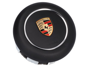 Unité airbag au volant, cuir noir. Porsche 982 Boxster Spyder / 981 Cayman GT4 / 991.2 Carrera / 991.2 Turbo / 991 GT3 - 9P1880201JA34, 9P1880201ANA34, 9P1880201RA34, 9P1880201ABA34, 9P1880201LA34