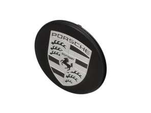 Stemma del tappo della serratura della ruota centrale, in nero opaco. Porsche 991R/GT3 - 99136120730, 9P1601349COK1