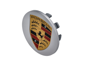 Enjoliveur de roue avec écusson Porsche en couleur, en argent. Porsche Macan - 95B601150A88Z, 95B601150A