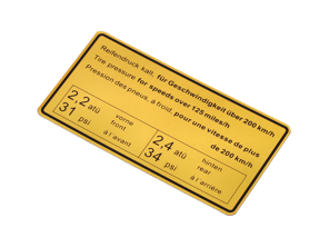 Autocollant pression des pneus. Porsche 911 65-72 / 914 - 90100650700 - 1601502300