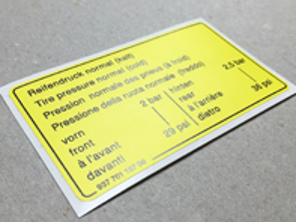 Bandenspanning sticker. Porsche 911 3.2L / 924 / 944 - 93770112700