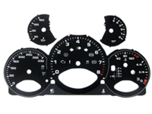 Instrumentengesichtssatz, Schwarz. Porsche 997.2 PDK - KPH - 330 MPH - 9764121002PDK - F97 641 210 02TIP, F9764121002TIP