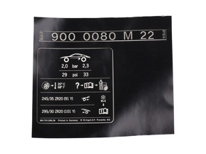 Sticker - Data plate for tyre pressure. Porsche 981 Cayman GT4 2016 - 98170128680, 98170128636