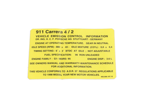 Autocollant de données moteur - Marché australien. Porsche 993 Carrera 1994-98 - 99300610700, 99300610702, 99300610703, 99300610707, 99300610710