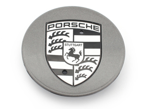 Radkappe Titanium Dark mit schwarz-silbernem Porsche Wappen. Porsche 991.2 / 982 Boxster / 9YA Cayenne / 970.2 Panamera