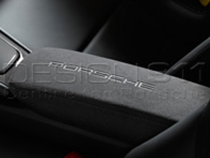 Lid of centre console storage box BLACK ALCANTARA with PORSCHE LOGO. Porsche 991 / 981 Boxster / 981 Cayman - 991553982362W0, 991553982352W0