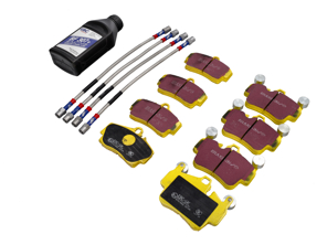 Kit de pastillas de freno amarillas EBC: incluye mangueras de freno de acero inoxidable y líquido de frenos Super Dot 4 de 500 ml. Porsche 987.2 Cayman S 2010-12 - 99735139305, 99735193907, 98635293910, 98635293911, 99635513901, 99635513903, 99635513904, 98735563700, 98735563701, 98735563702, 98735513700 - PLK1097