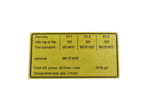 Autocollant Pression des pneus. Porsche 911 1972-1973 *Spécifications américaines. - 91100651201, 91100651202, 91100651220
