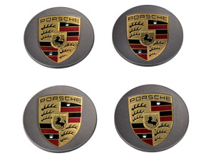 Copricerchi in platino con stemma colorato per Porsche Macan (set di 4) - 00004460514, 00004460714